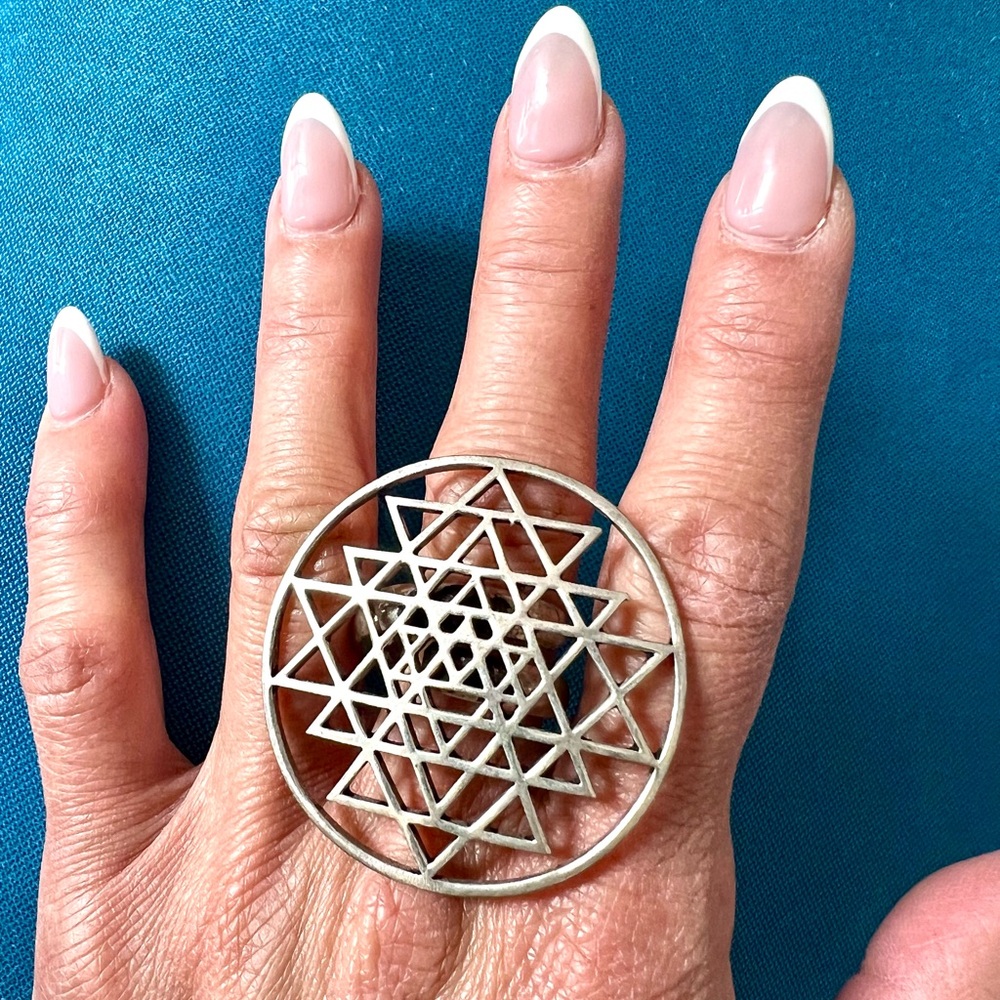 GIANT! Brass Adjustable SILVER or GOLD Sri Yantra Ring!